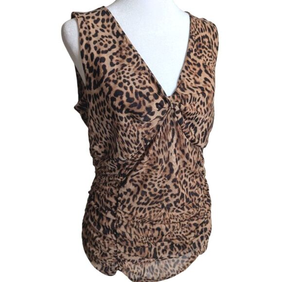 INC International Concepts Leopard Animal Print Knot Front Sleeveless Mesh Top M - Picture 1 of 3